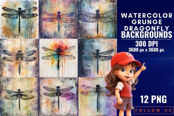 Whimsical Flight: Watercolor Grunge Dragonfly Backgrounds